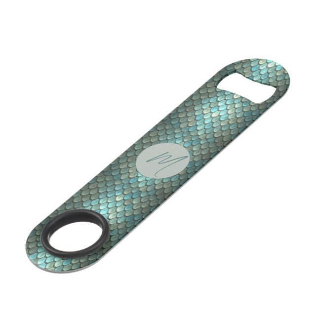 Custom initial blue scales textured bar key (Front Angled)