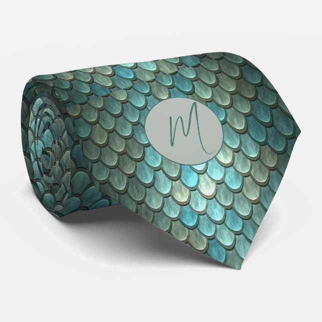 Custom initial blue scales textured neck tie (Rolled)