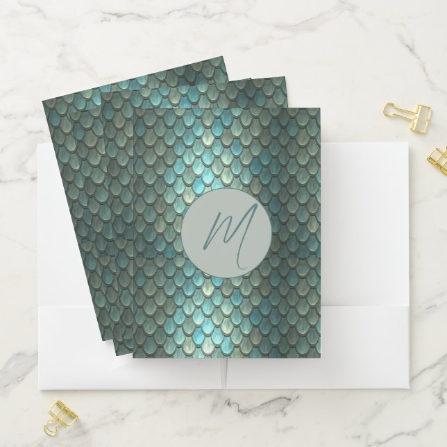 Custom initial blue scales textured pocket folder (In Situ)