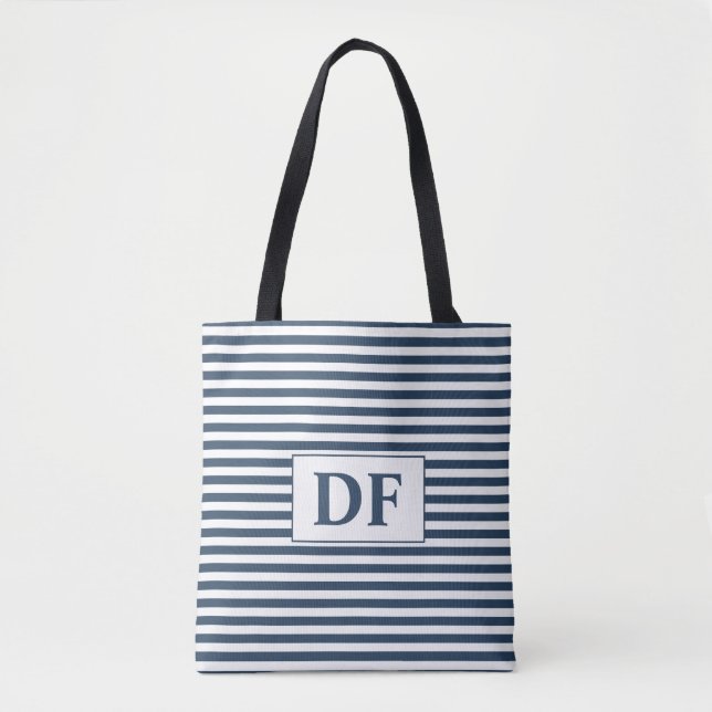 Custom Initial Blue/White Stripes Tote Bag (Front)