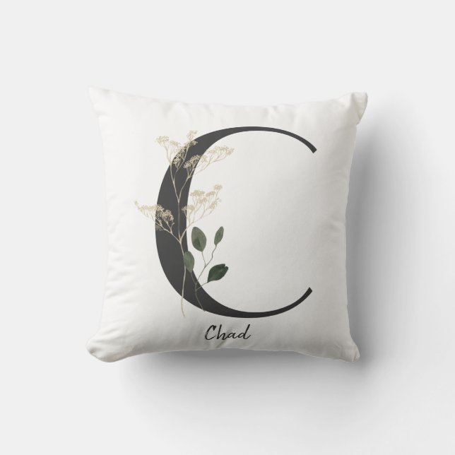 Custom Initial C Black and white with wild flower  Throw Pillow (Front)