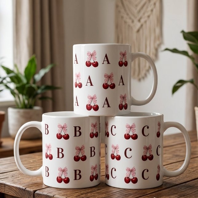 Custom Initial Cherry Gingham Mug Gift for Her Mom (Personalized initial coquette cherry birthday | graduation | wedding | bachelorette party mug gift)