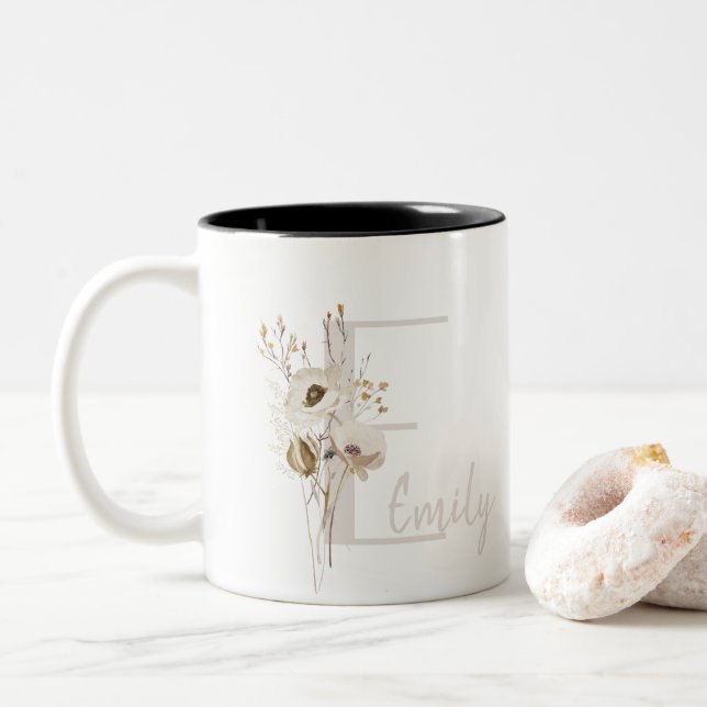Custom Initial D Black & White Wild flower Cushion Two-Tone Coffee Mug (With Donut)