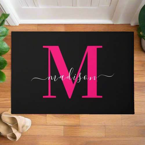 Custom Initial Elegant Black  Bold Pink Monogram Doormat
