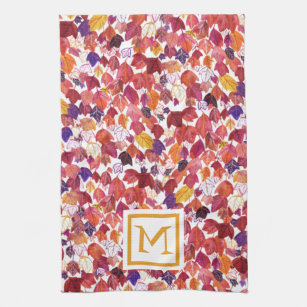 CUSTOM Initial Falling Leaves Watercolor Red Gold Kitchen Towel