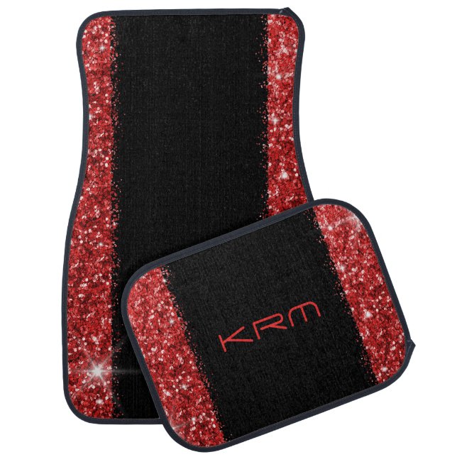 Custom Initial Glitter Stripe Burgundy Red Car Floor Mat (Set)