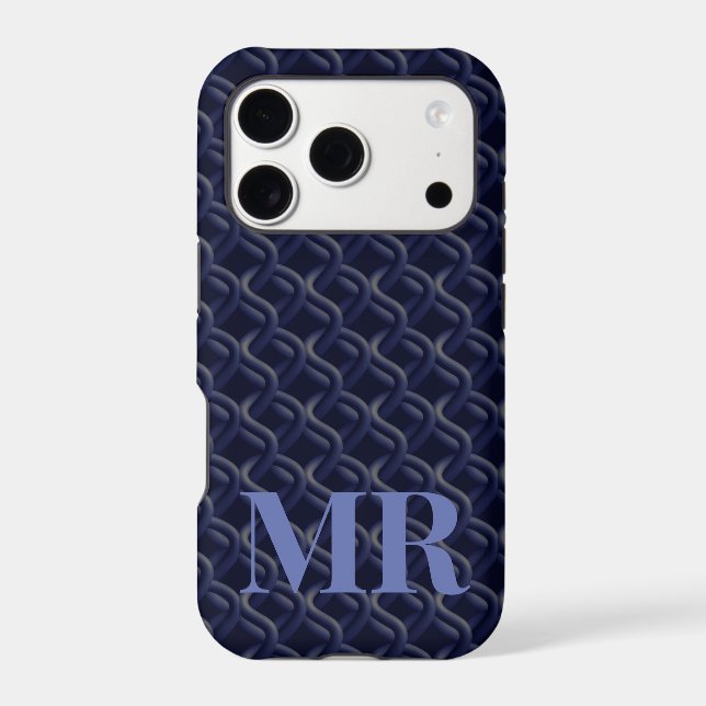 Custom Initial Large Modern Blue Lattice Rubber iPhone Case (Back)