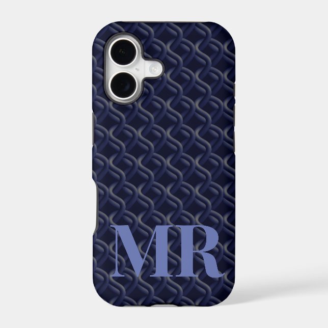 Custom Initial Large Modern Blue Lattice Rubber iPhone Case (Back)