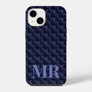 Custom Initial Large Modern Blue Lattice Rubber iPhone 14 Case