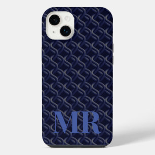 Custom Initial Large Modern Blue Lattice Rubber iPhone 14 Plus Case
