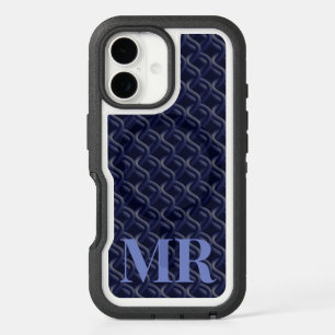 Custom Initial Large Modern Blue Lattice Rubber iPhone 16 Case