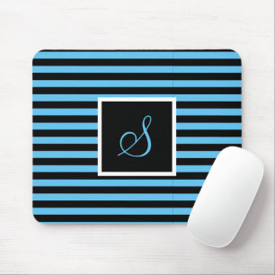 Custom Initial Letter Blue and Black Striped Mouse Pad