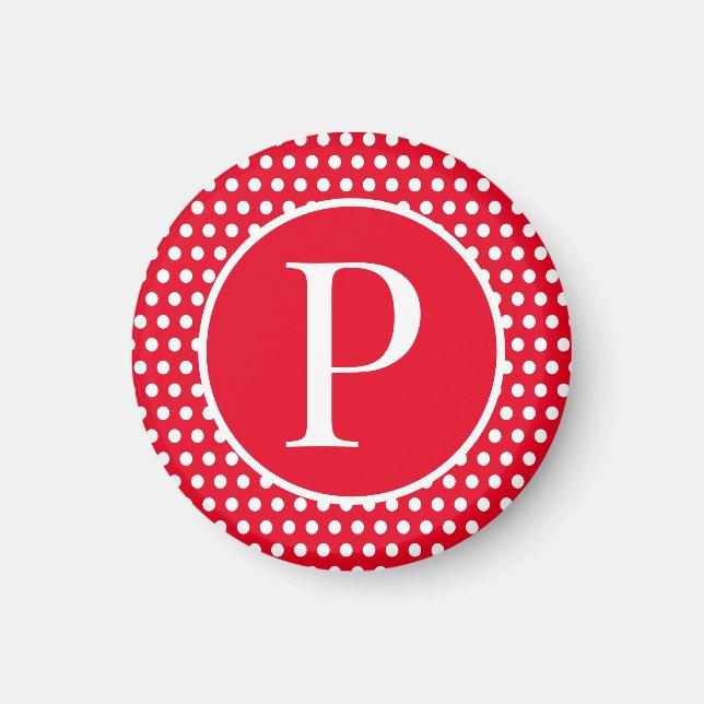 Custom initial letter Chic Polka Dots Red & White Magnet (Front)