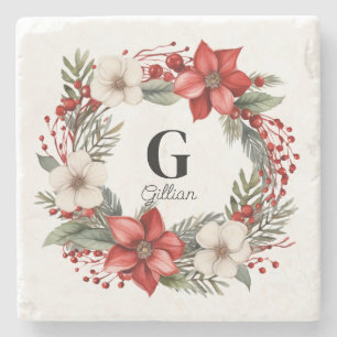 Custom Initial Letter Name Christmas Wreath Gift Stone Coaster