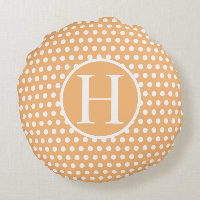 Custom initial letter Polka Dot Light Orange Round Pillow (Back)