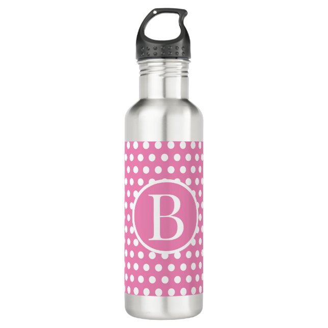 Custom initial letter Polka Dot Pink Stainless Steel Water Bottle (Front)