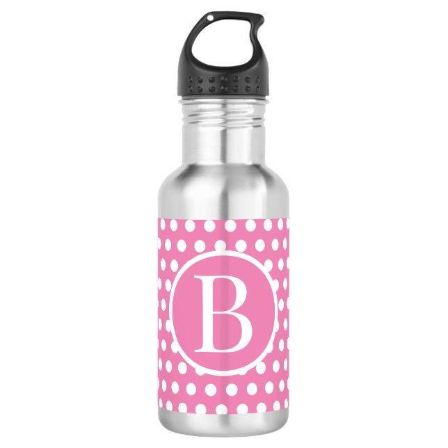 Custom initial letter Polka Dot Pink Stainless Steel Water Bottle (Front)