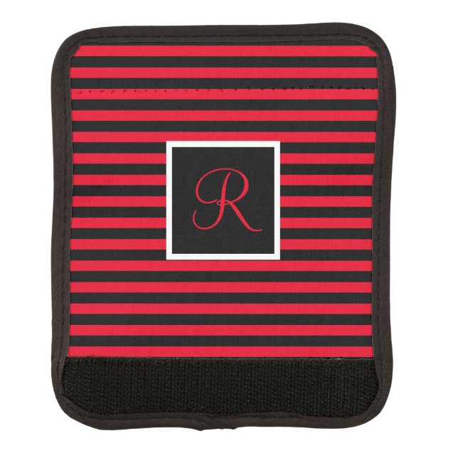 Custom Initial Letter Red and Black Striped Luggage Handle Wrap (Front)
