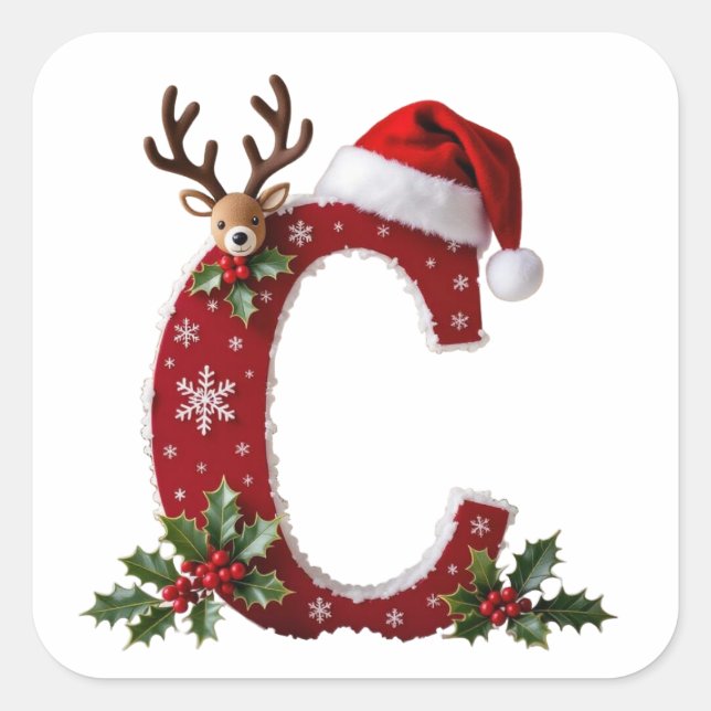 Custom initial monogram C reindeer Santa's hat  Square Sticker (Front)