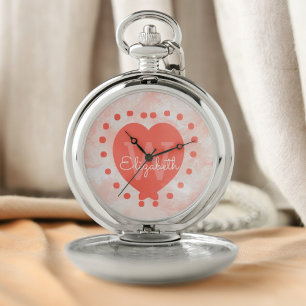 Custom Initial Monogram Coral Watercolor Heart Pocket Watch