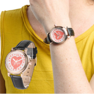 Custom Initial Monogram Coral Watercolor Heart Watch