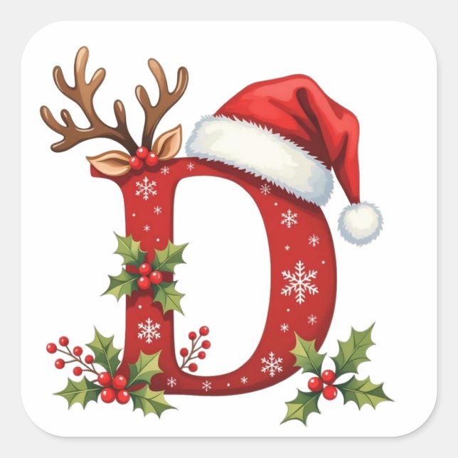 Custom initial monogram D antler Santa's snowflake Square Sticker (Front)
