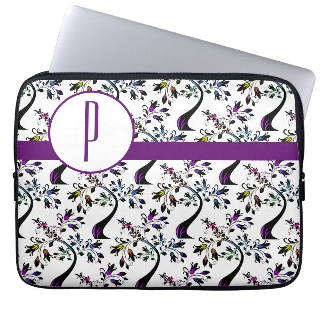 Custom Initial Monogram Rainbow Tree Pattern Laptop Sleeve (Front)