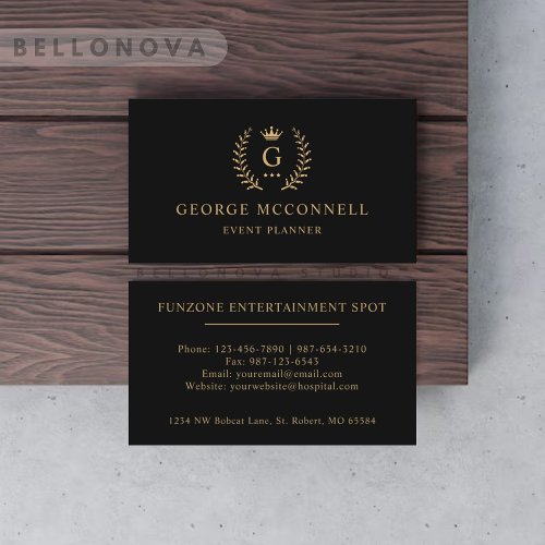 Custom Initial  Name Black And Gold Monogrammed Business Card