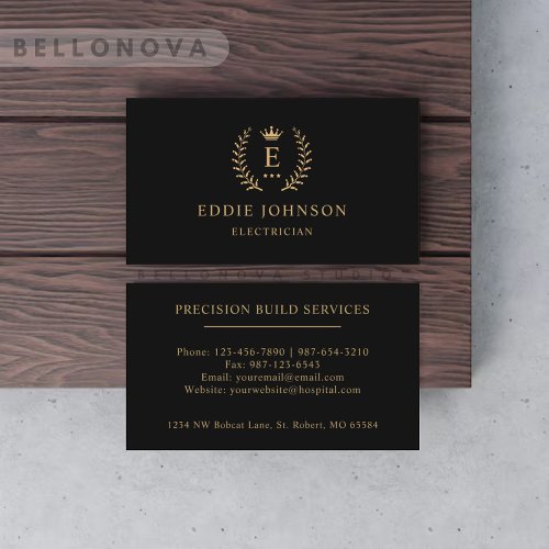 Custom Initial  Name Black And Gold Monogrammed Business Card