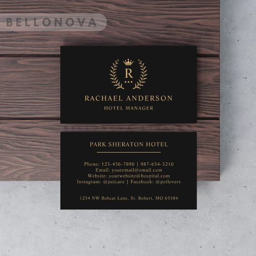 Custom Initial  Name Black And Gold Monogrammed  Business Card