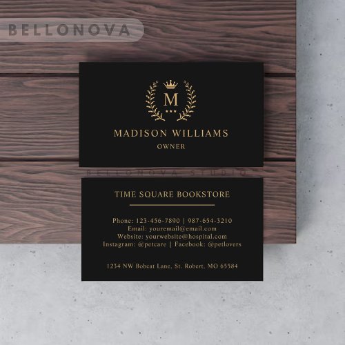 Custom Initial  Name Black And Gold Monogrammed  Business Card