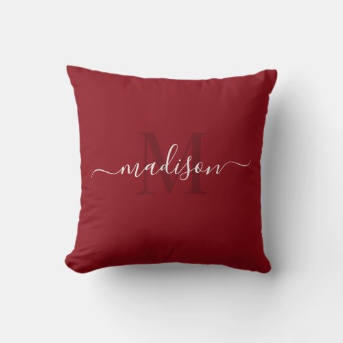 Custom Initial  Name Burgundy Red Color Throw Pillow