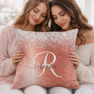 Custom Initial & Name Coral Glitter Throw Pillow
