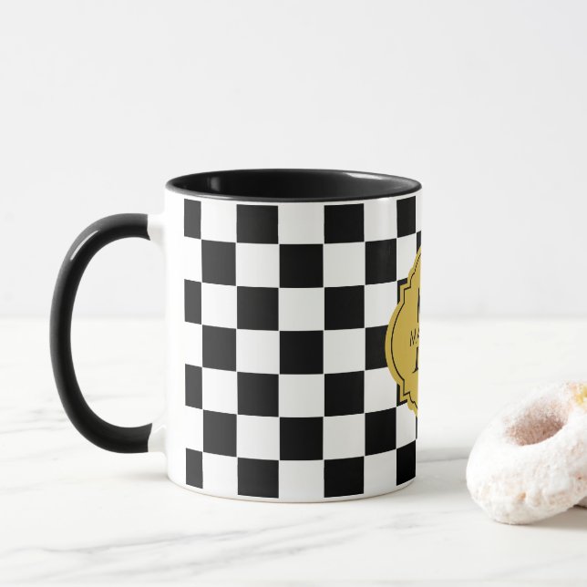 Custom Initial Name Elegant Stylish Grid Pattern Mug (With Donut)