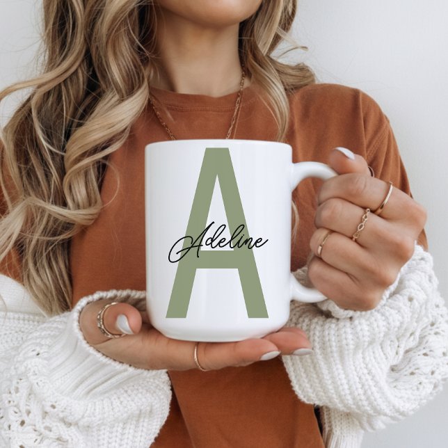 Custom Initial Name Green Mug Gift for Mom & Kids (Personalized Green Eyes Mug Christmas Gift for Mom, Custom Monogram Mug Anniversary Gift for Wife)