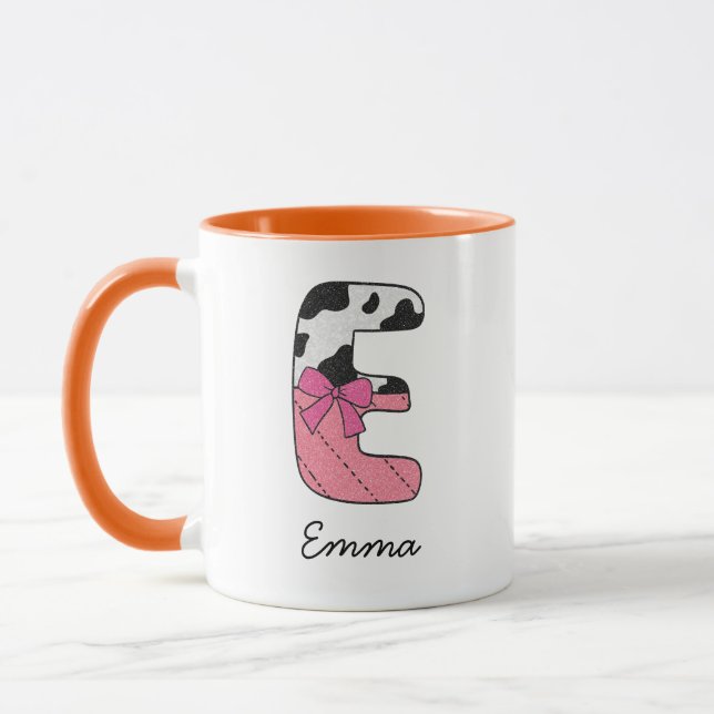 Custom Initial Name Mug | Pink Cow Letter  E (Left)
