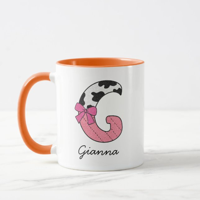 Custom Initial Name Mug | Pink Cow Letter  G (Left)