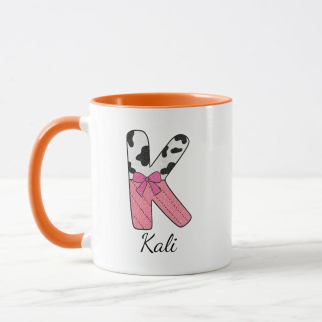 Custom Initial Name Mug | Pink Cow Letter  K (Left)
