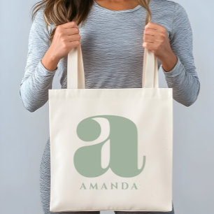 Custom Initial Name Sage Green Tote Bag