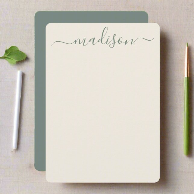 Custom Initial Name Sage Green Typography Script  Note Card (Creator Uploaded)