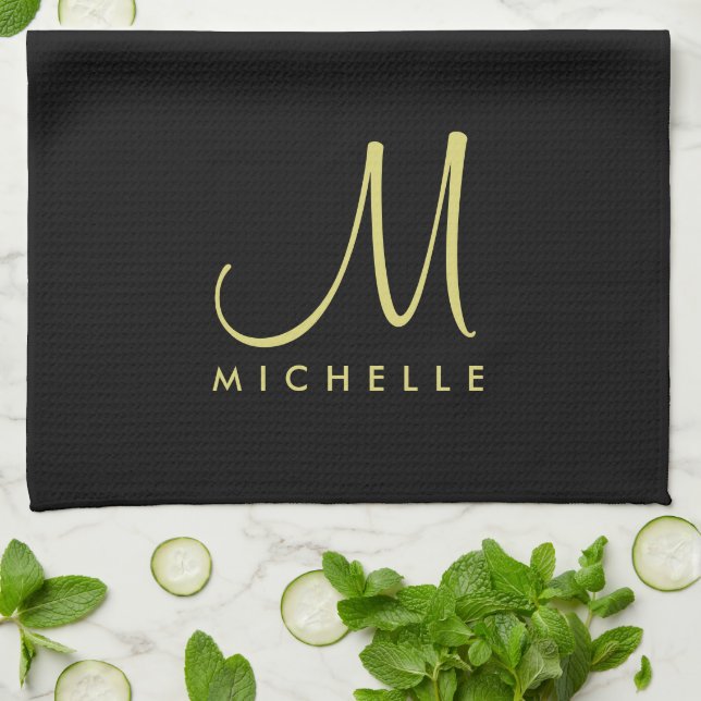 Custom Initial Name Template Black Gold Monogram Kitchen Towel (Folded)