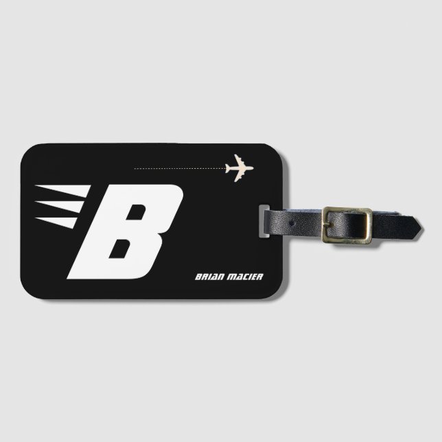 custom initial, personalized monogram black luggage tag (Front Horizontal)