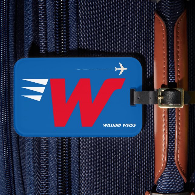 Custom Initial Personalized Monogram Red Blue Luggage Tag (Front Insitu 4)