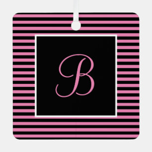 Custom Initial Pink and Black Striped  Metal Ornament