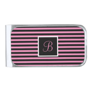 Custom Initial Pink and Black Striped Silver Finish Money Clip