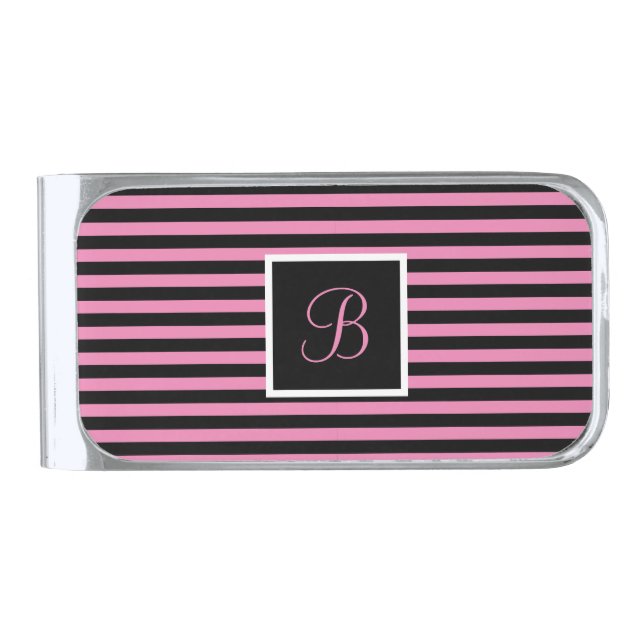 Custom Initial Pink and Black Striped Silver Finish Money Clip (Front)