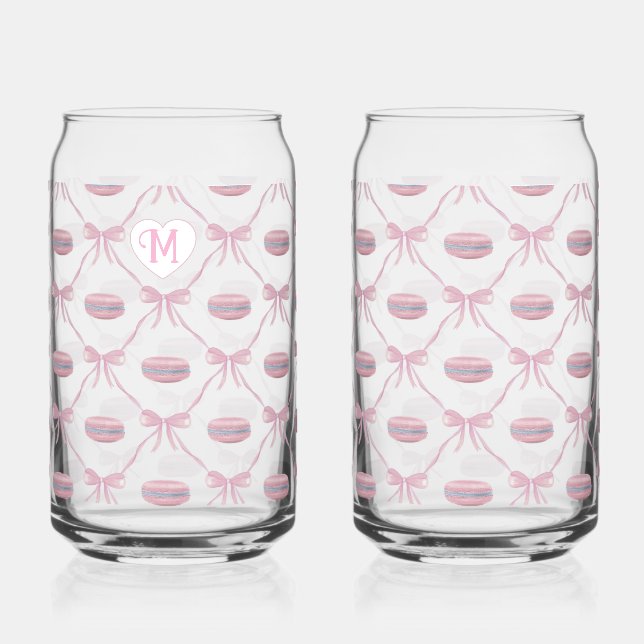 Custom Initial Pink Girly Coquette Bow & Macarons Can Glass (Left)