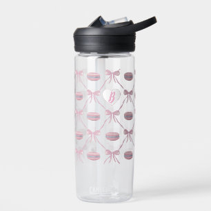 Custom Initial Pink Girly Coquette Bow & Macarons Water Bottle