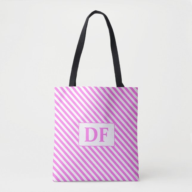 Custom Initial Pink/White Stripes Tote Bag (Front)