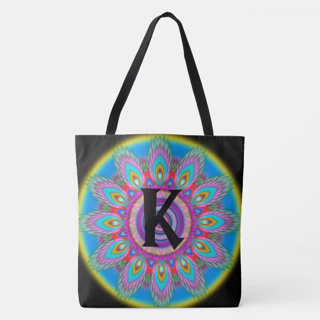 Custom initial psychedelic Large Tote BLACK Bag (Front)